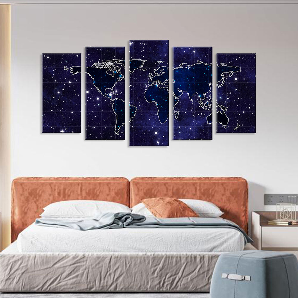 5 Piece Starry Night World Map Canvas Wall Art