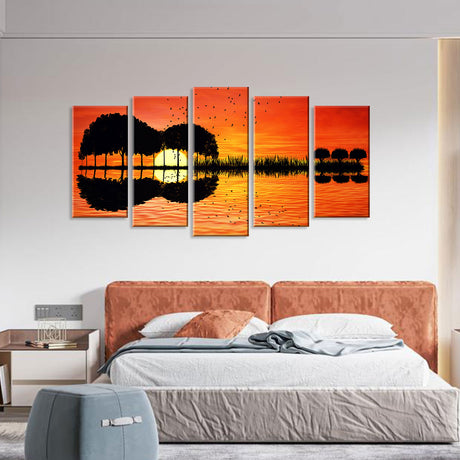 5 Piece Sunset Silhouette Guitar Canvas Wall Art