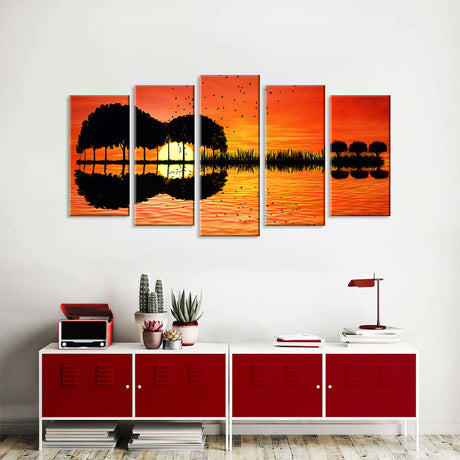 5 Piece Sunset Silhouette Guitar Canvas Wall Art