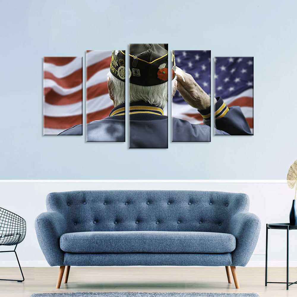 5 Piece Veteran Saluting US Flag Canvas Wall Art