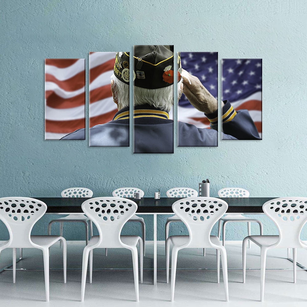 5 Piece Veteran Saluting US Flag Canvas Wall Art