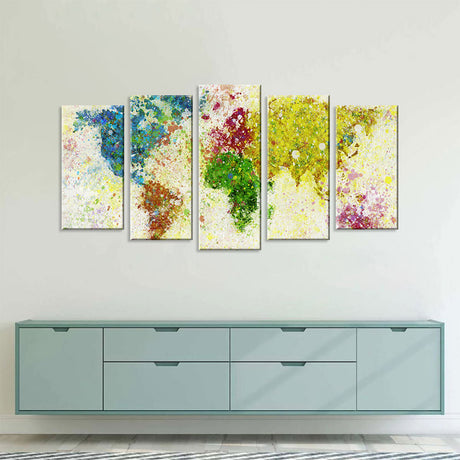 5 Piece Vibrant Abstract World Map Canvas Wall Art