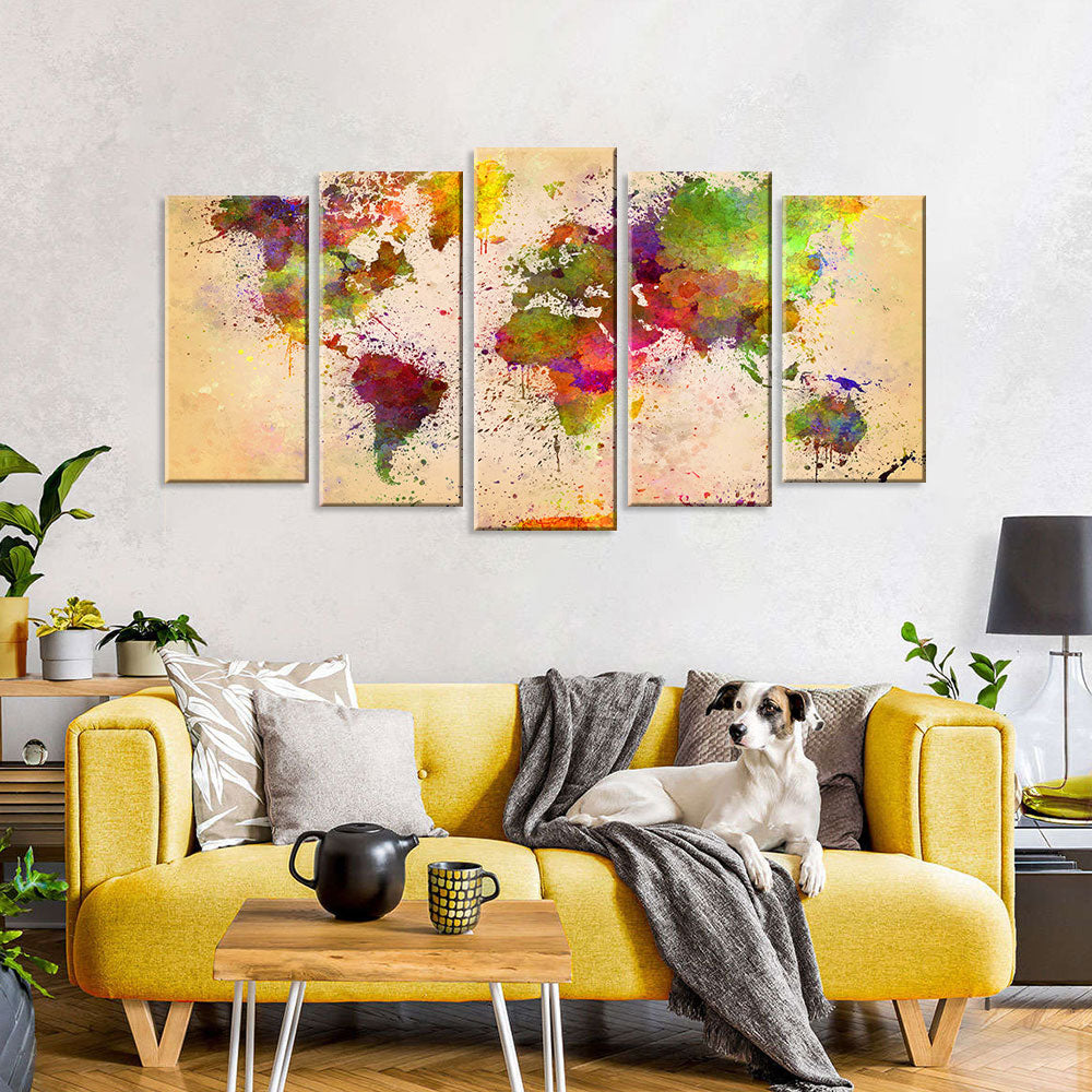 5 Piece Vibrant World Map Splash Canvas Wall Art