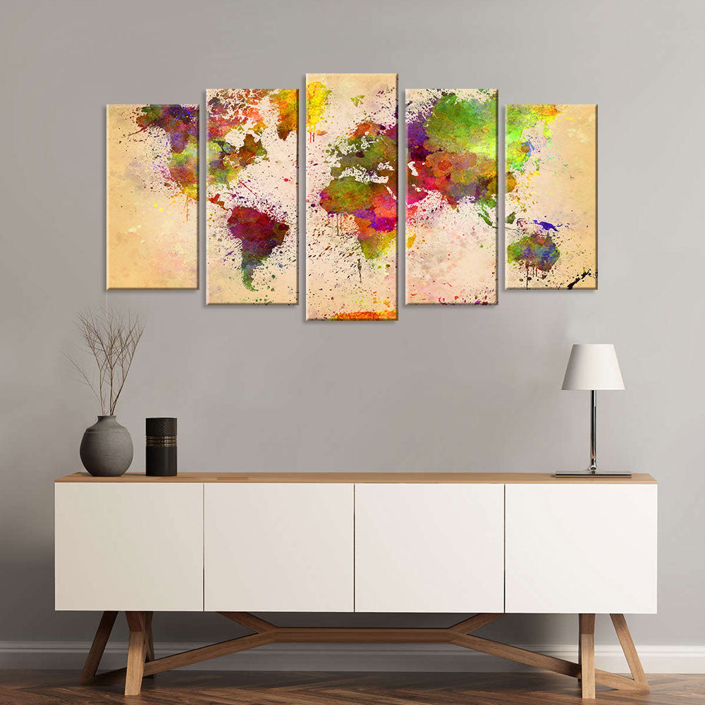 5 Piece Vibrant World Map Splash Canvas Wall Art