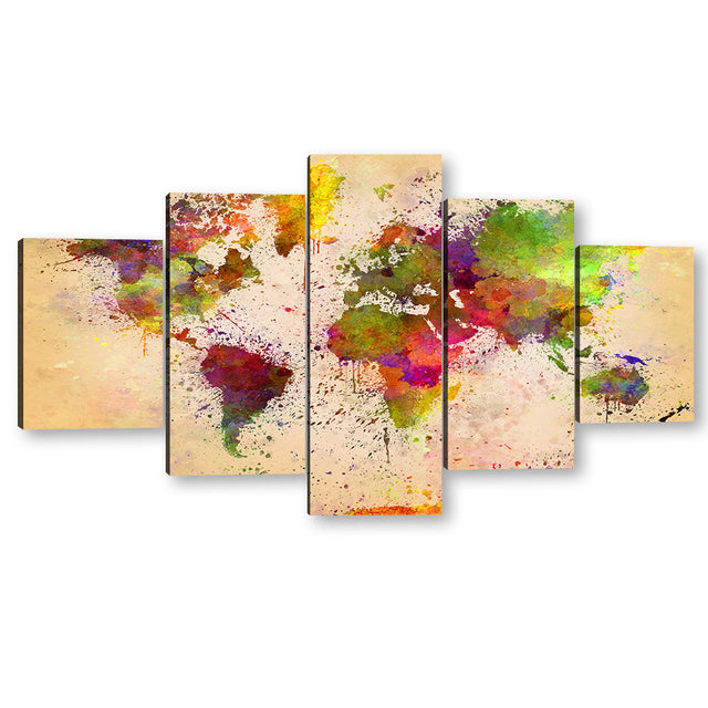 5 Piece Vibrant World Map Splash Canvas Wall Art