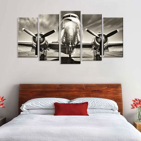 5 Piece Vintage Airplane on Runway Canvas Wall Art