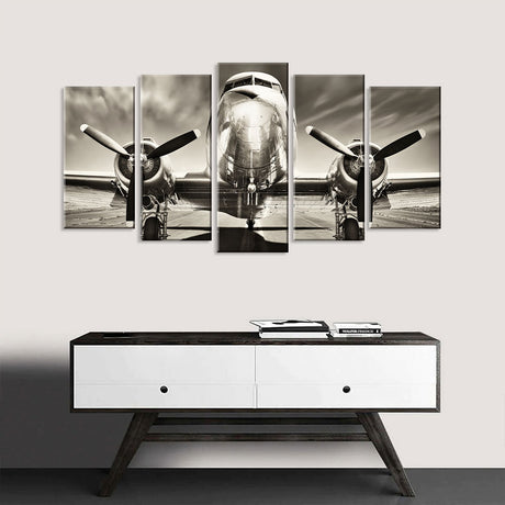 5 Piece Vintage Airplane on Runway Canvas Wall Art