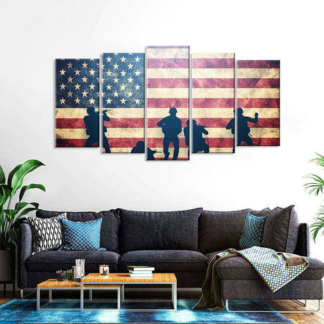 5 Piece Vintage American Flag Soldiers Silhouettes Canvas Wall Art