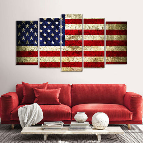 5 Piece Vintage Bright American Flag Canvas Wall Art