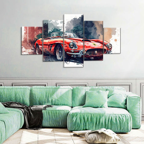 5 Piece Watercolor Vintage Sports Car Canvas Wall Art