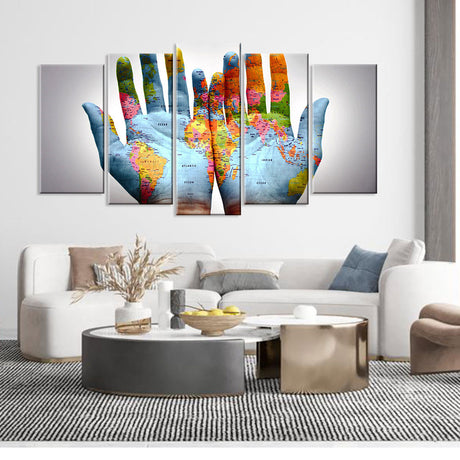 5 Piece World Map on Hands Canvas Wall Art