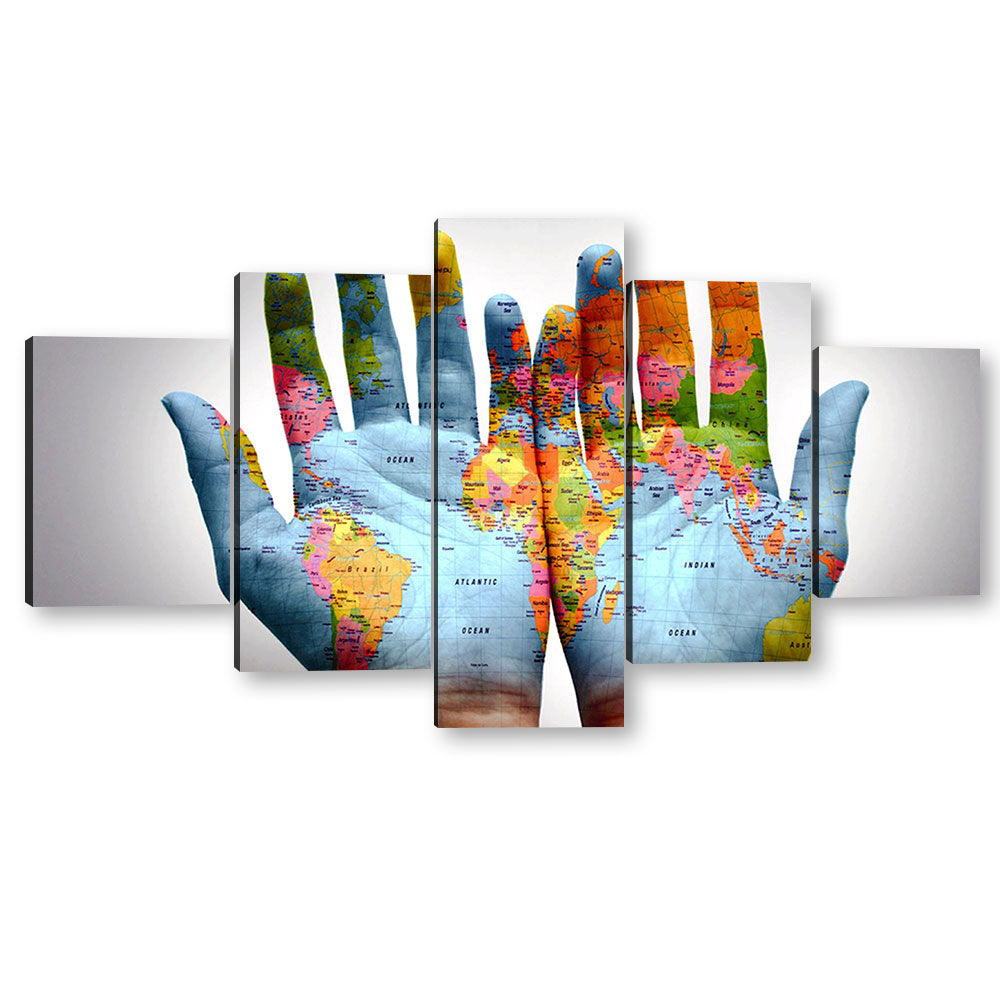 5 Piece World Map on Hands Canvas Wall Art