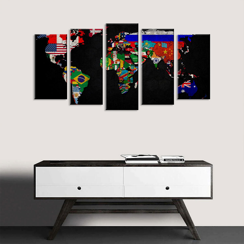 5 Piece World Map with Flags Canvas Wall Art