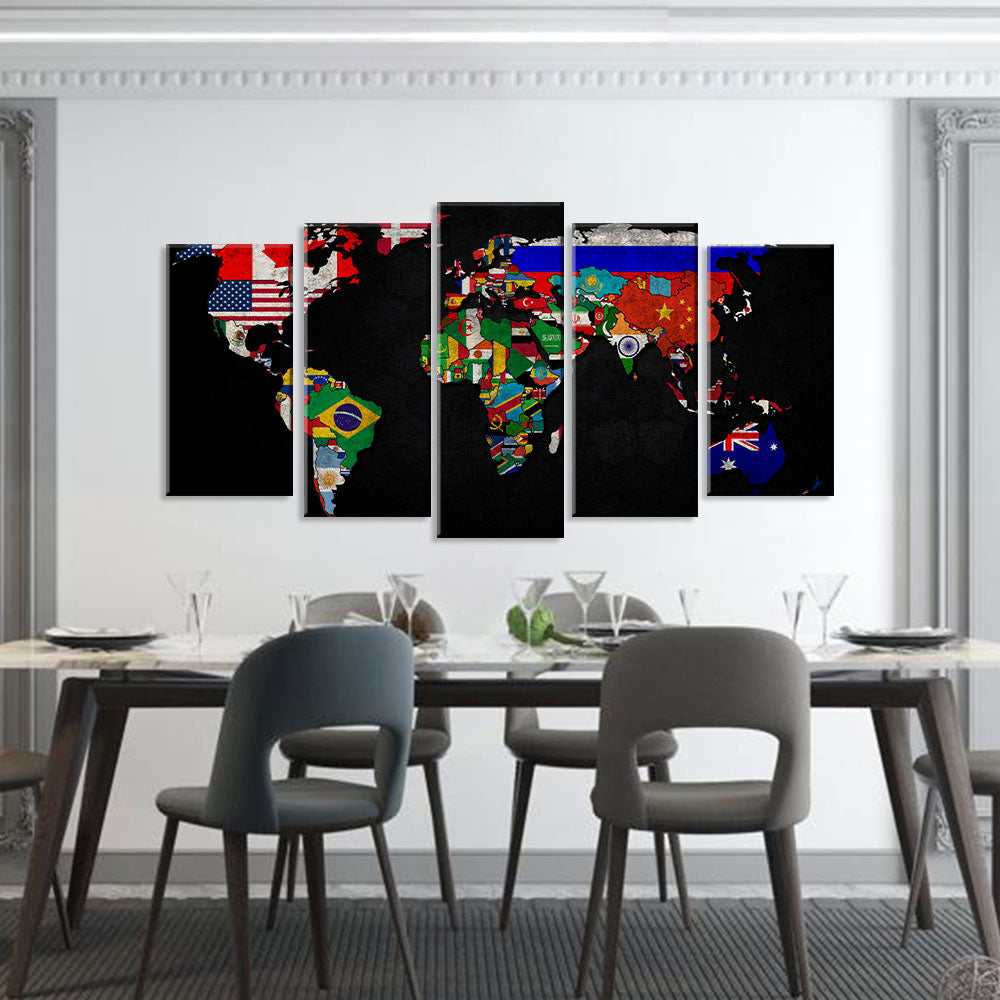 5 Piece World Map with Flags Canvas Wall Art