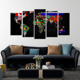 5 Piece World Map with Flags Canvas Wall Art