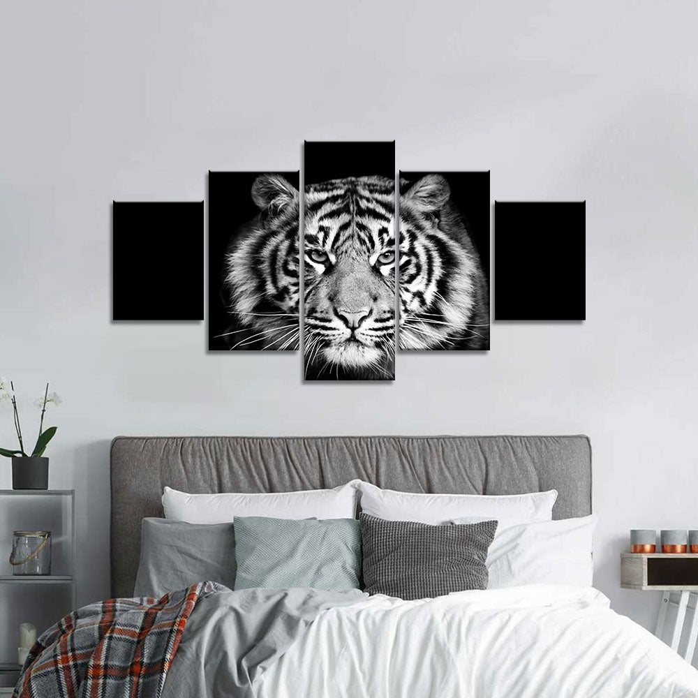 5 Piece Black and White Tiger Face Canvas Wall Art