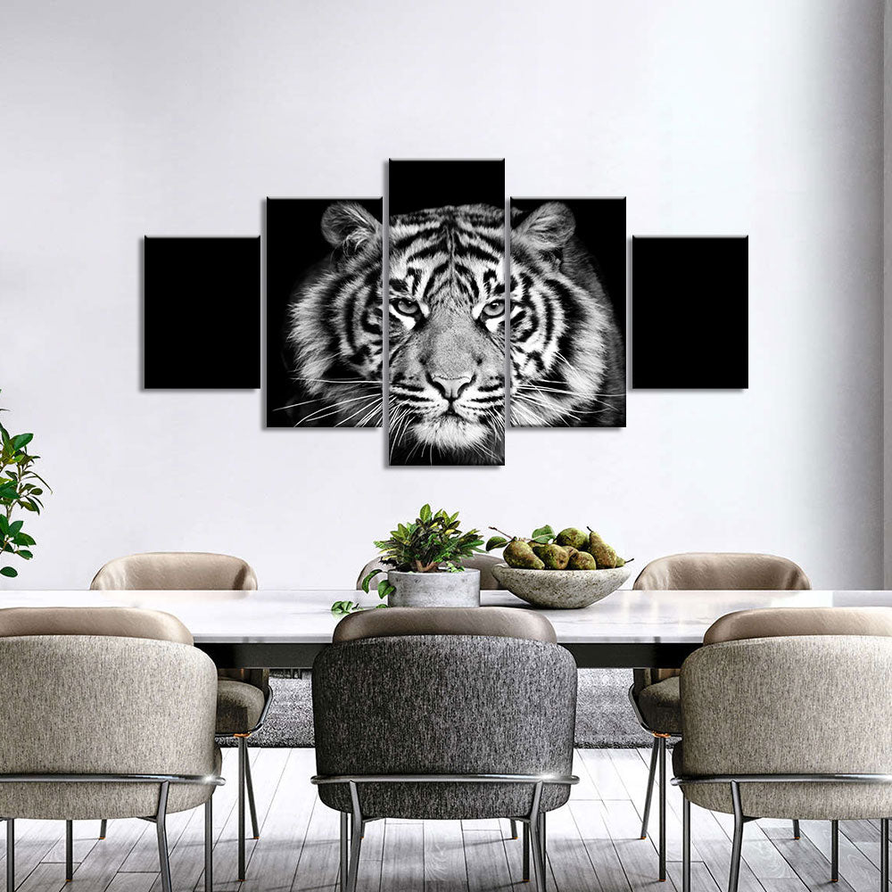 5 Piece Black and White Tiger Face Canvas Wall Art