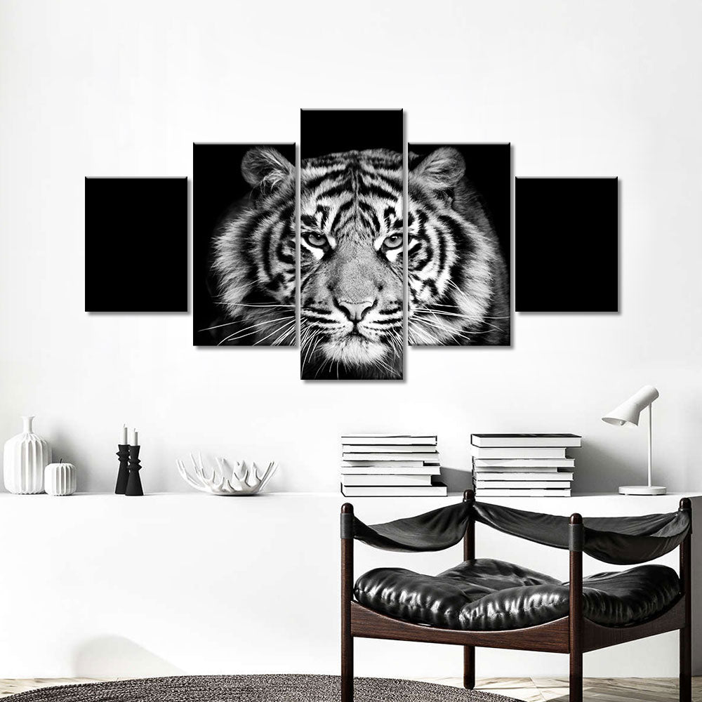 5 Piece Black and White Tiger Face Canvas Wall Art