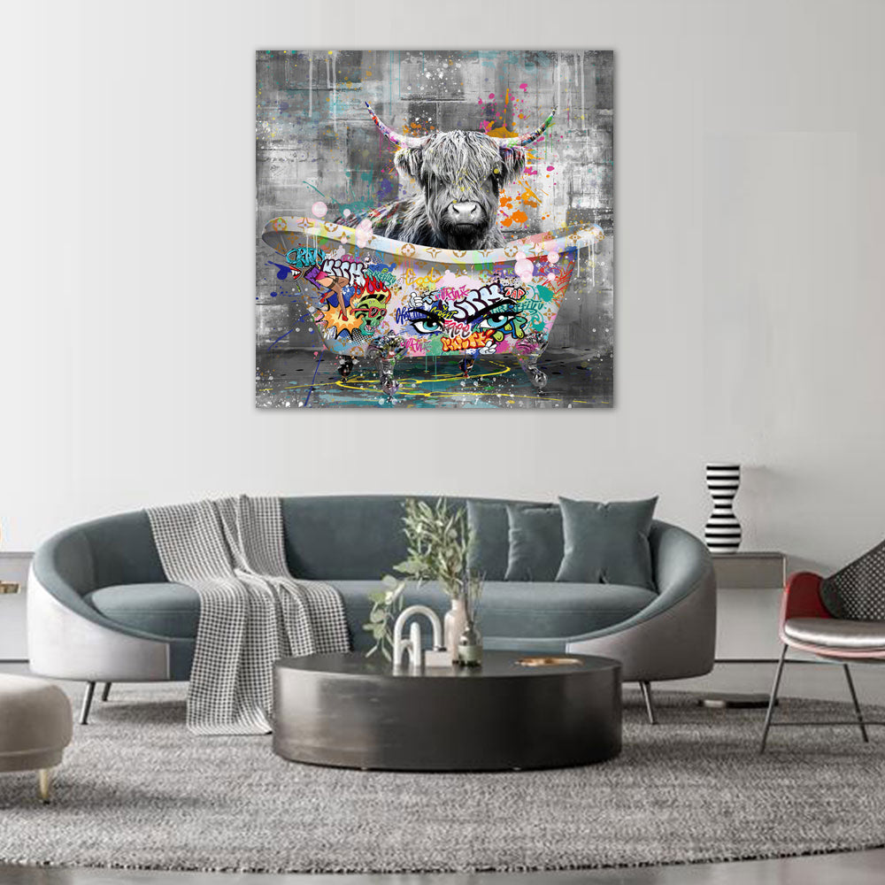 Graffiti Highland Cow in Bathtub Canvas Wall Art