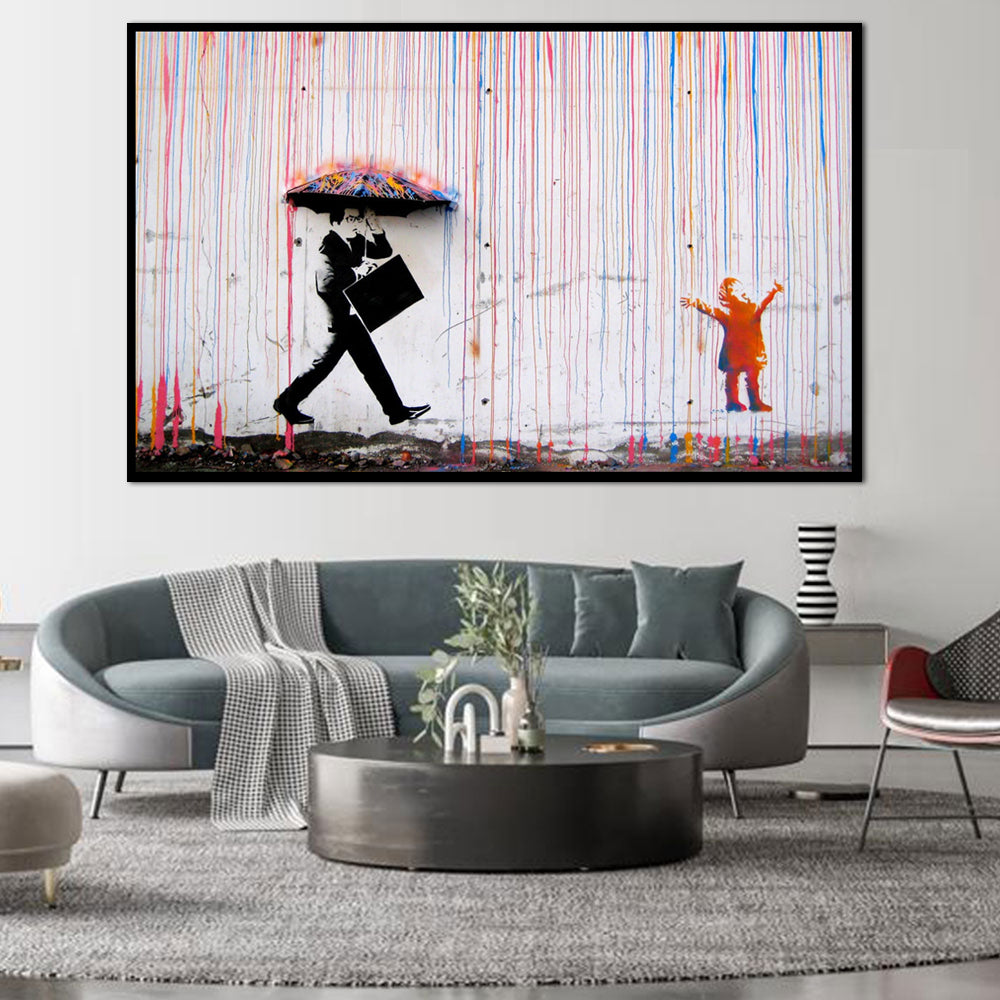 Banksy's Colorful Rainfall Graffiti Street Canvas Wall Art