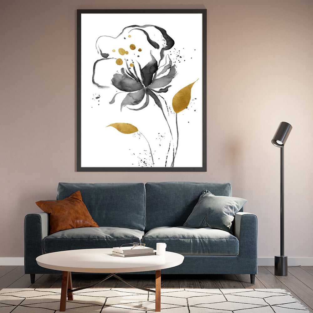 Modern Black & Gold Floral Canvas Wall Art  -Elegant Botanical Watercolor