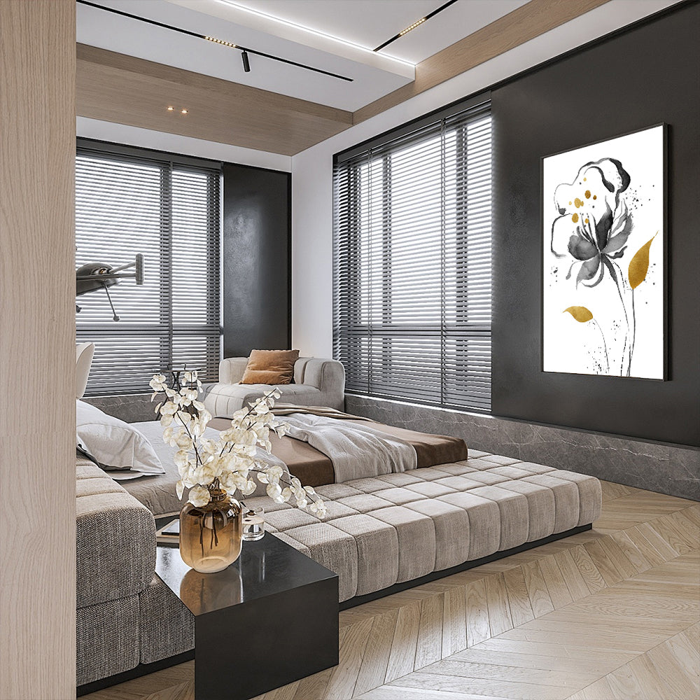 Modern Black & Gold Floral Canvas Wall Art  -Elegant Botanical Watercolor