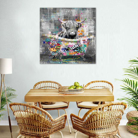 Graffiti Highland Cow in Bathtub Canvas Wall Art