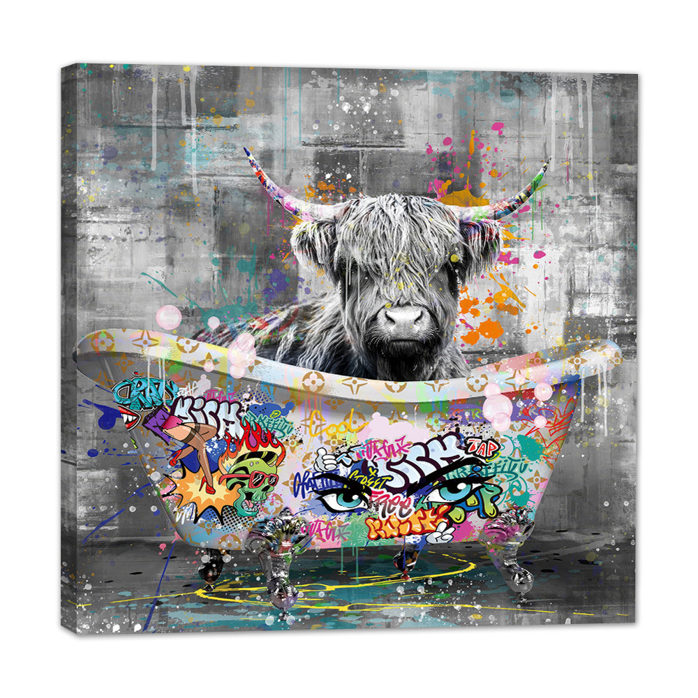 Graffiti Highland Cow in Bathtub Canvas Wall Art