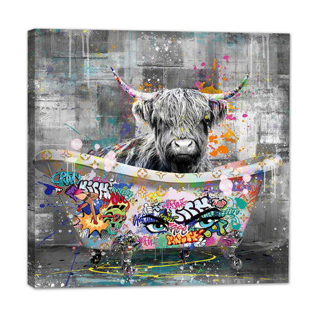 Graffiti Highland Cow in Bathtub Canvas Wall Art