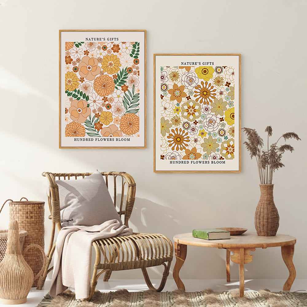 Vibrant Floral Pattern "Hundred Flowers Bloom" Canvas Wall Art