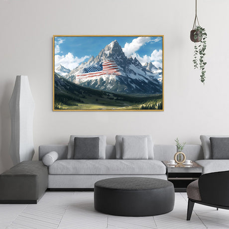 Majestic Mountain Canvas Wall Art with American Flag