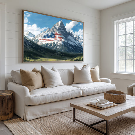 Majestic Mountain Canvas Wall Art with American Flag