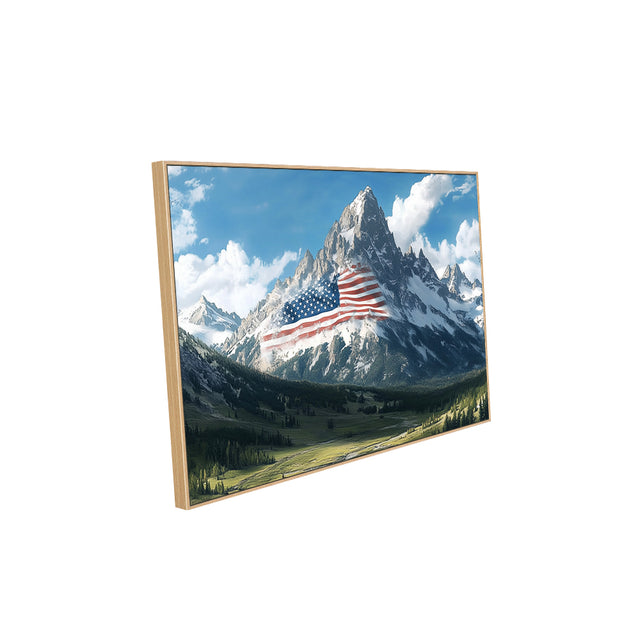 Majestic Mountain Canvas Wall Art with American Flag