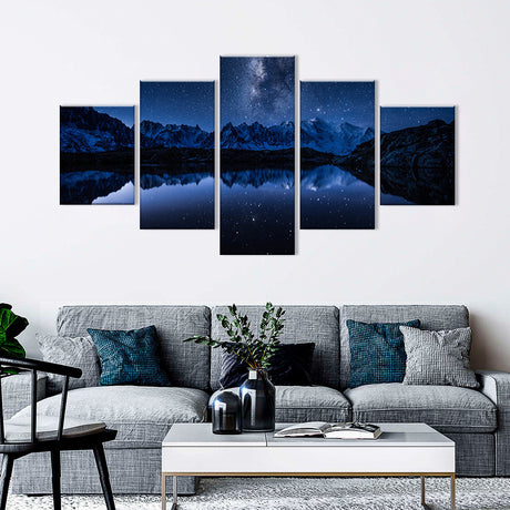 5-Piece Starry Night Mountain Reflection Canvas Wall Art