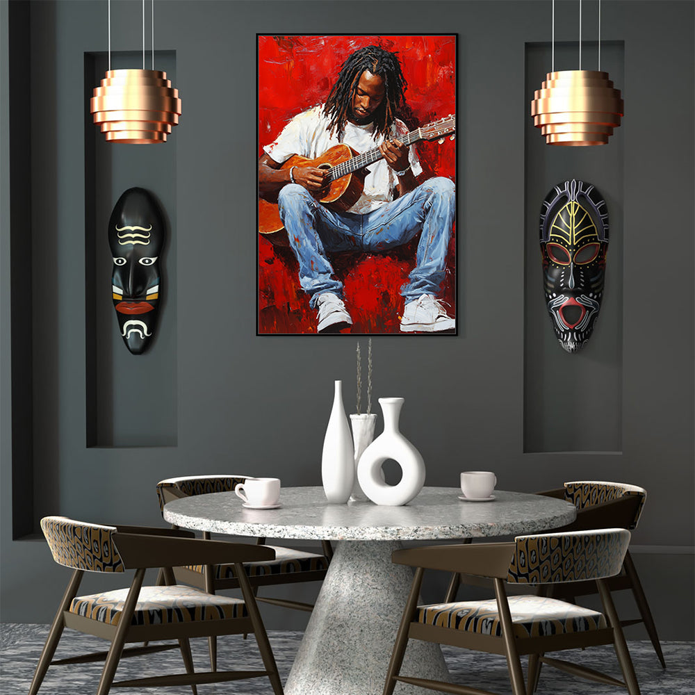 Guitar Player on Red Background Canvas Wall Art