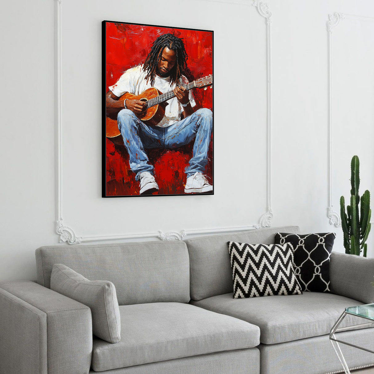 Guitar Player on Red Background Canvas Wall Art