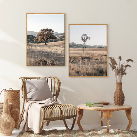 Countryside Serenity with Oak Tree and Windmill Canvas Wall Art