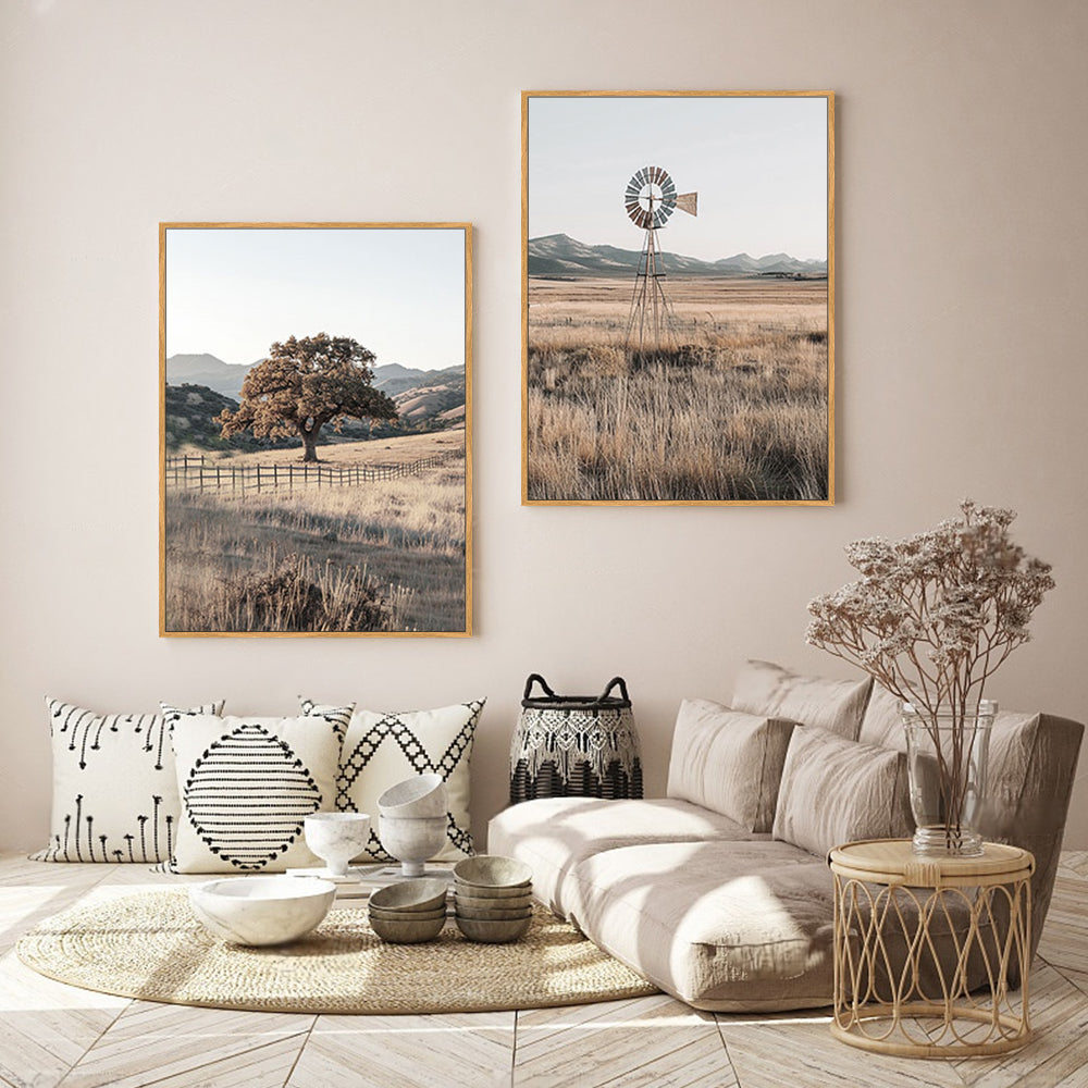 Countryside Serenity with Oak Tree and Windmill Canvas Wall Art