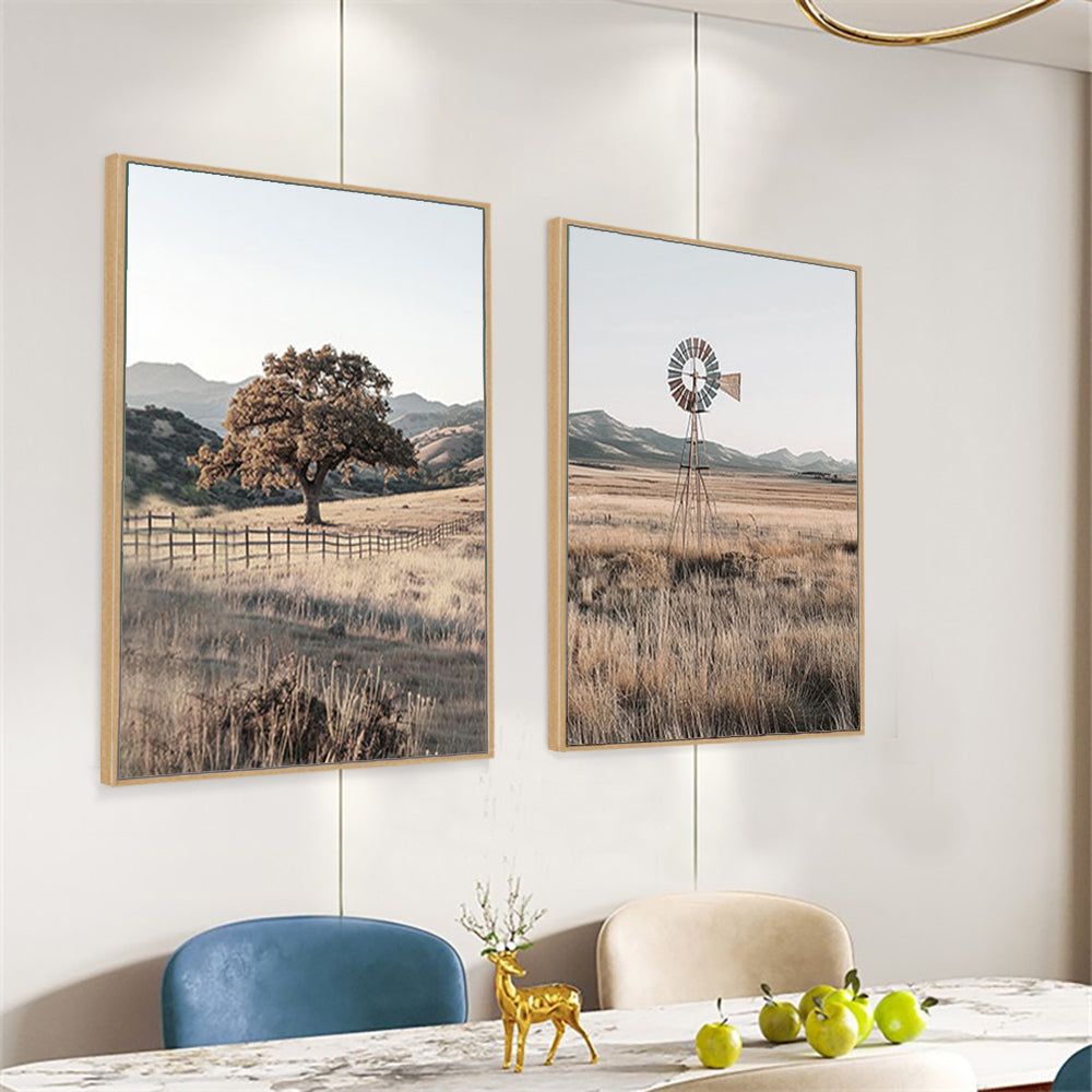 Countryside Serenity with Oak Tree and Windmill Canvas Wall Art