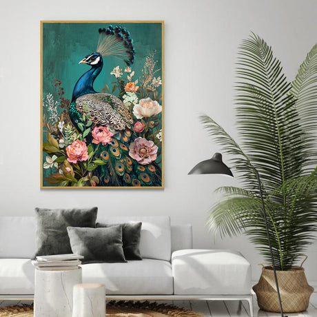 Elegant Peacock and Floral Canvas Wall Art