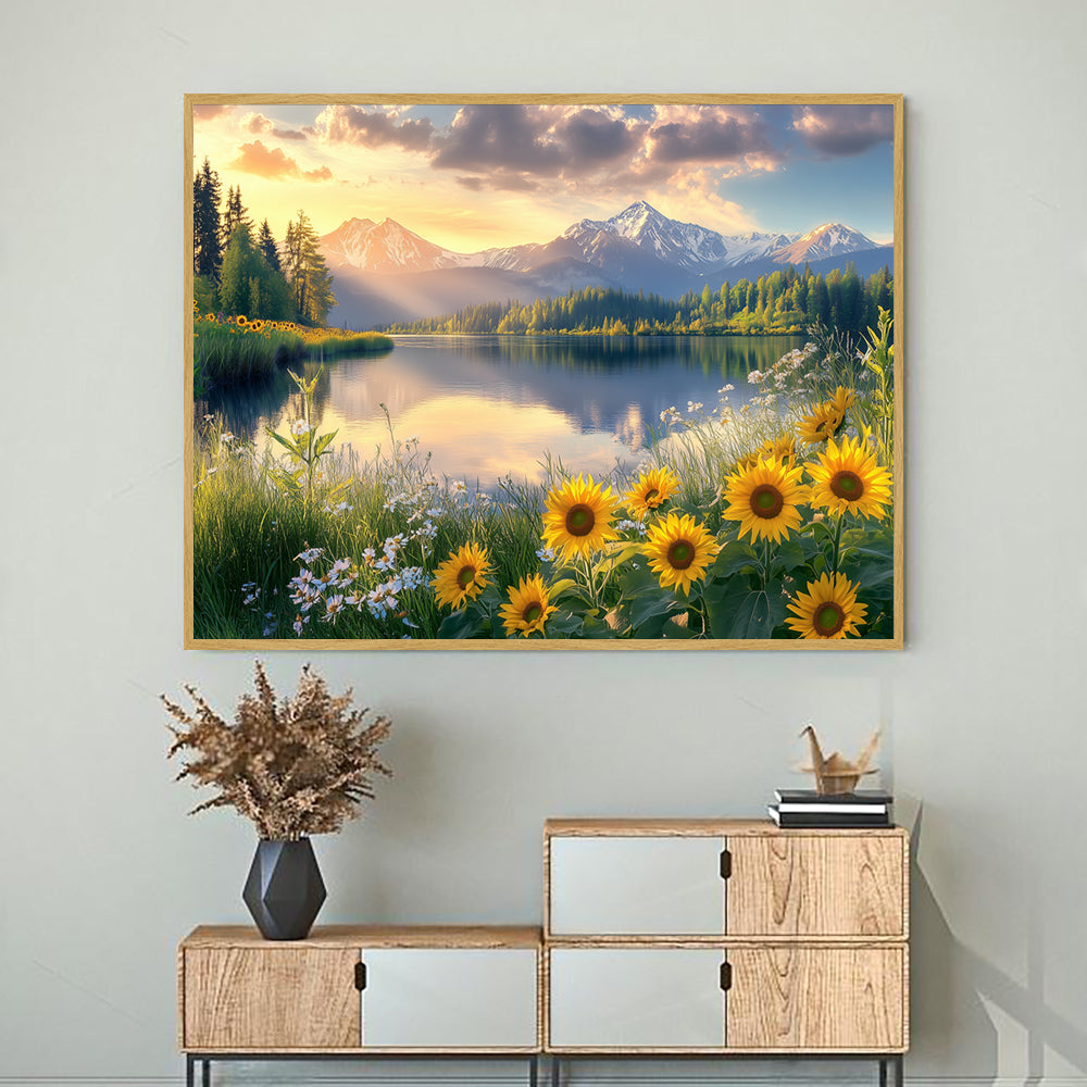 Serene Mountain Lake with Sunflowers-Canvas Wall Art