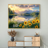 Serene Mountain Lake with Sunflowers-Canvas Wall Art