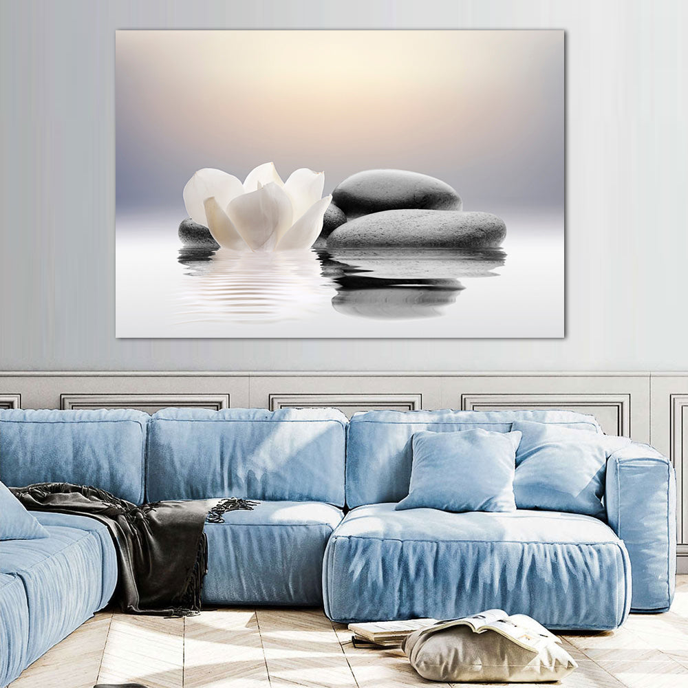 Stones and Lotus Zen Balance Canvas Wall Art