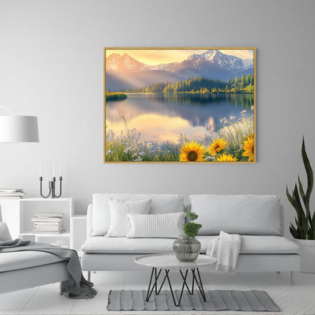 Serene Mountain Lake with Sunflowers-Canvas Wall Art