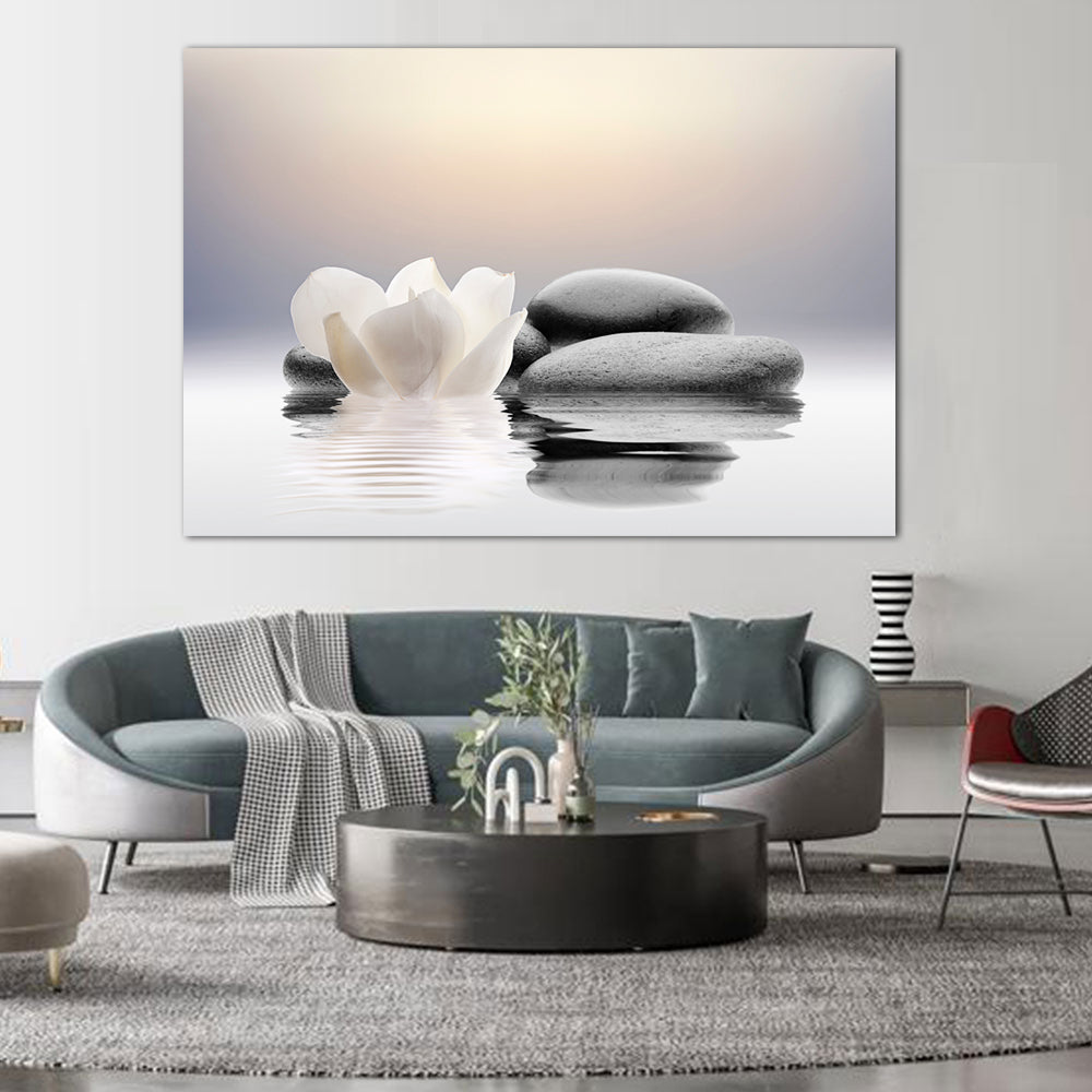 Stones and Lotus Zen Balance Canvas Wall Art