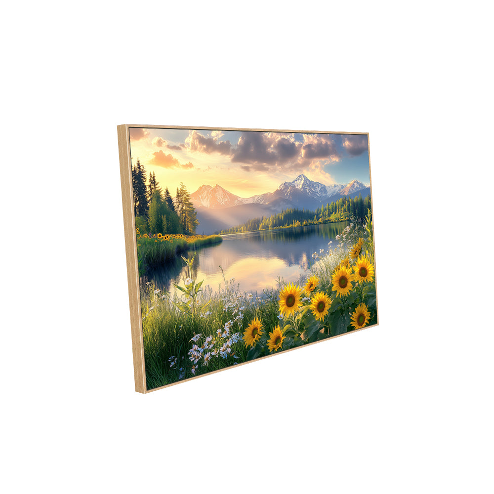 Serene Mountain Lake with Sunflowers-Canvas Wall Art