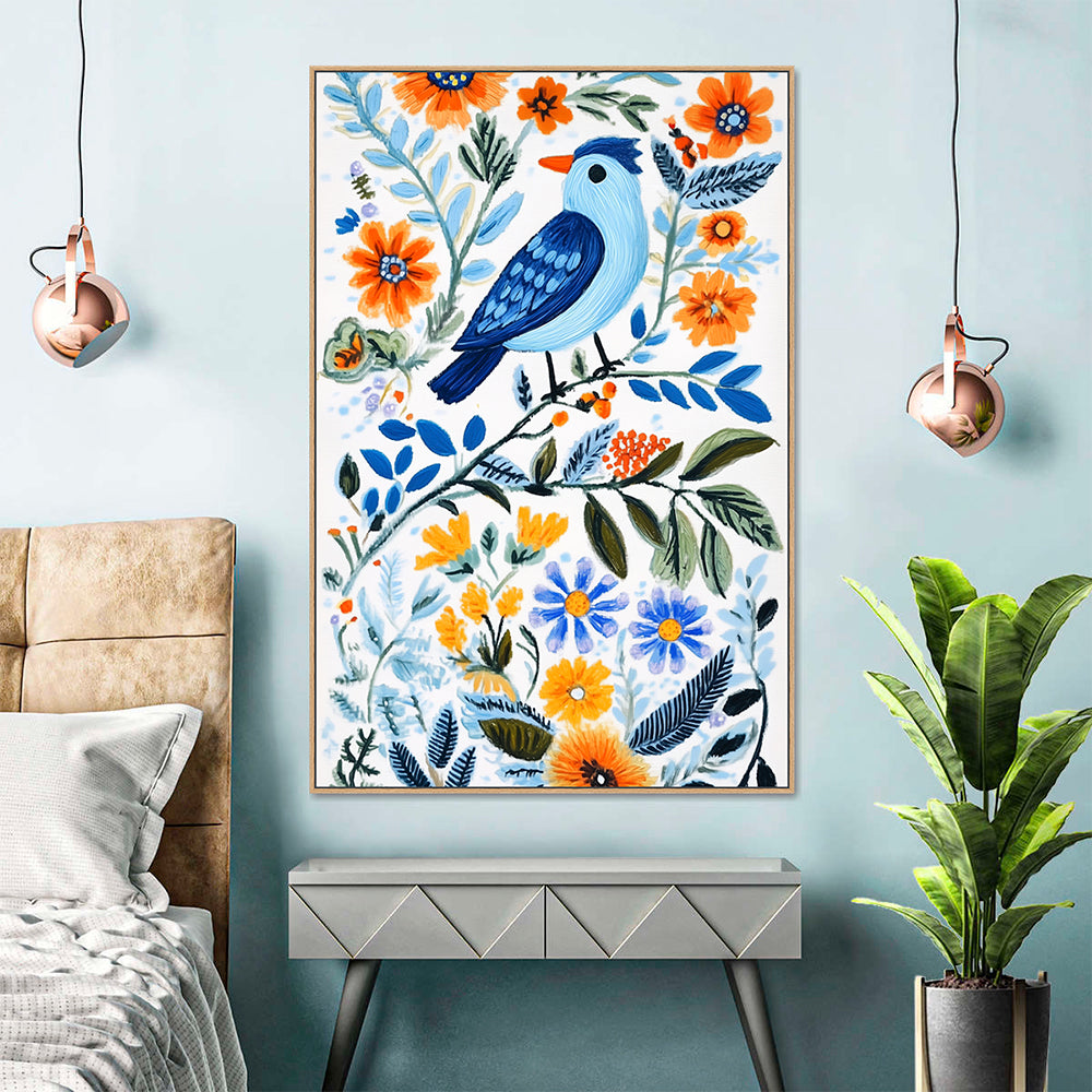 Bluebird And Blooms Canvas – Vibrant Nature-Inspired Art