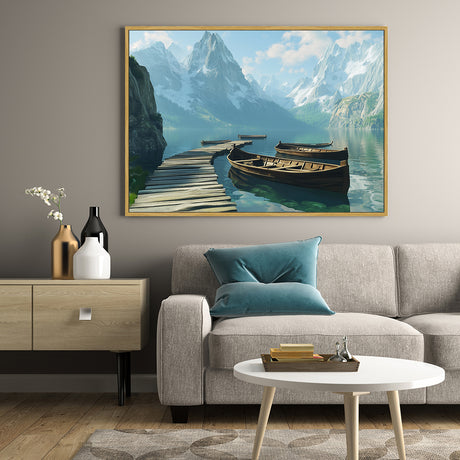 Tranquil Mountain Lake With Wooden Dock Canvas Wall Art