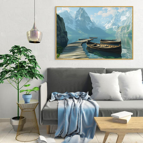 Tranquil Mountain Lake With Wooden Dock Canvas Wall Art