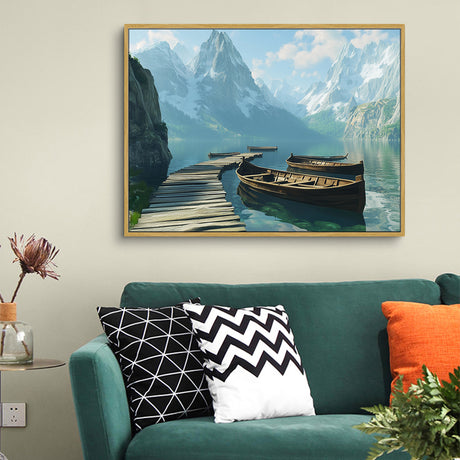 Tranquil Mountain Lake With Wooden Dock Canvas Wall Art